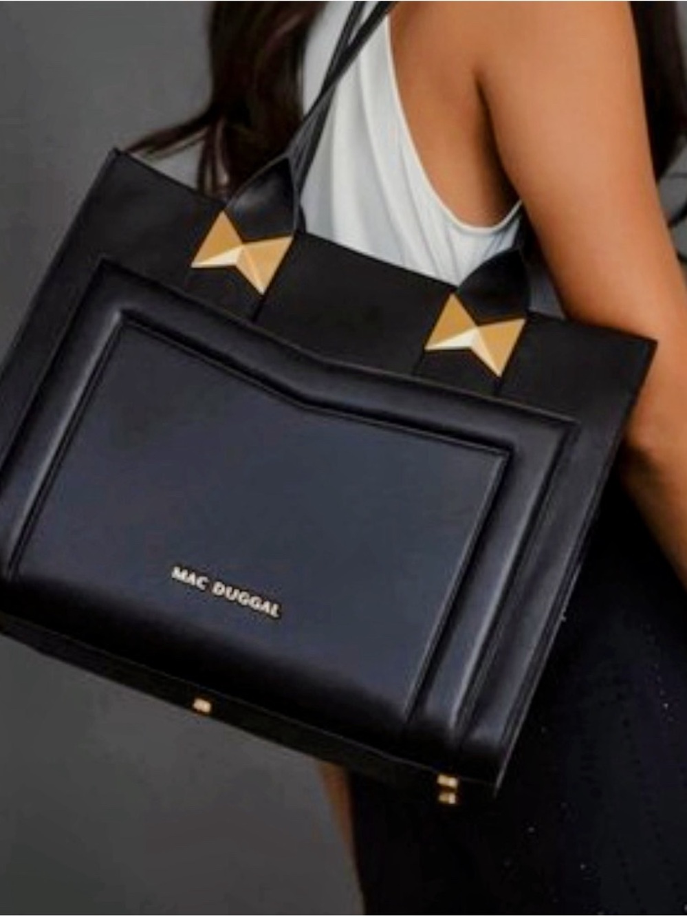 Mac Duggal Black Tote with Gold Pyramid Accents